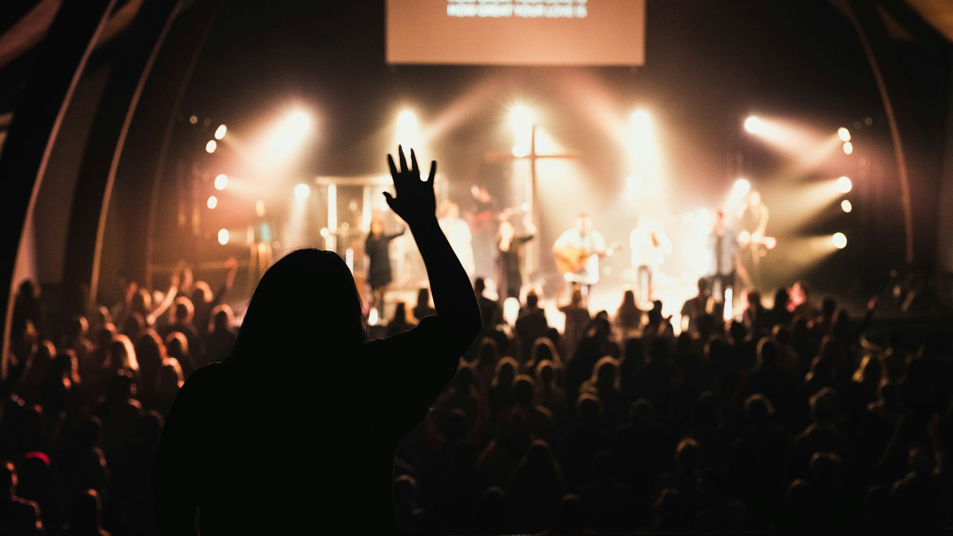 Church stage lighting beams with haze