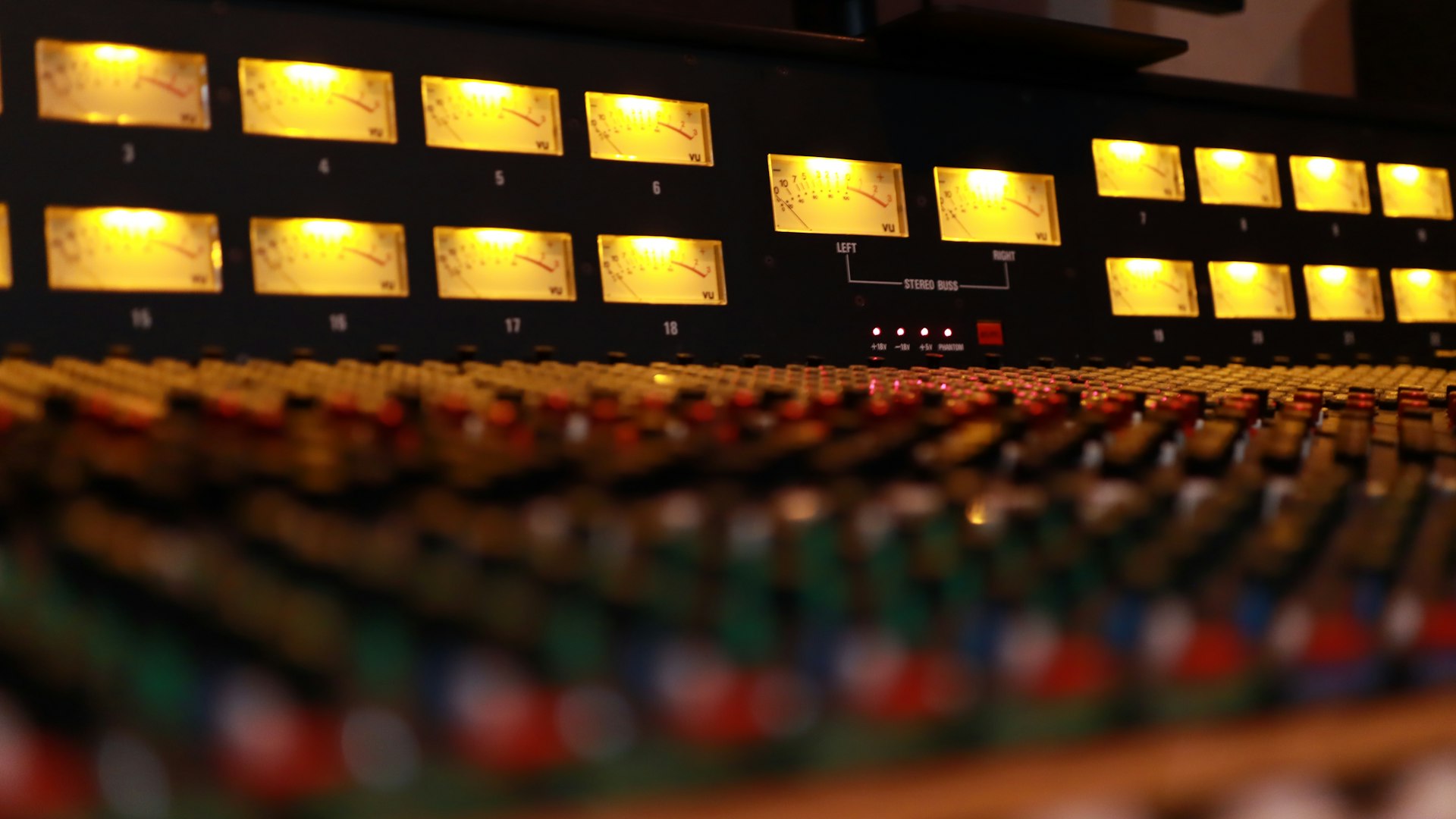 Close-up of a digital sound mixing console