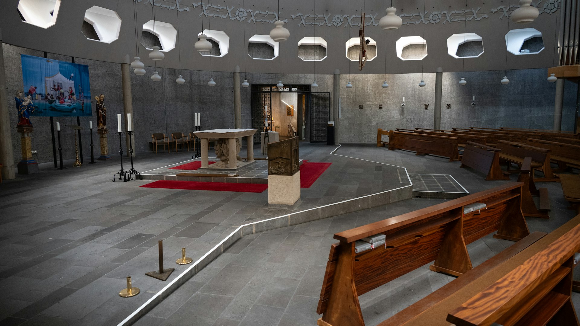 Modern church interior sanctuary with pews