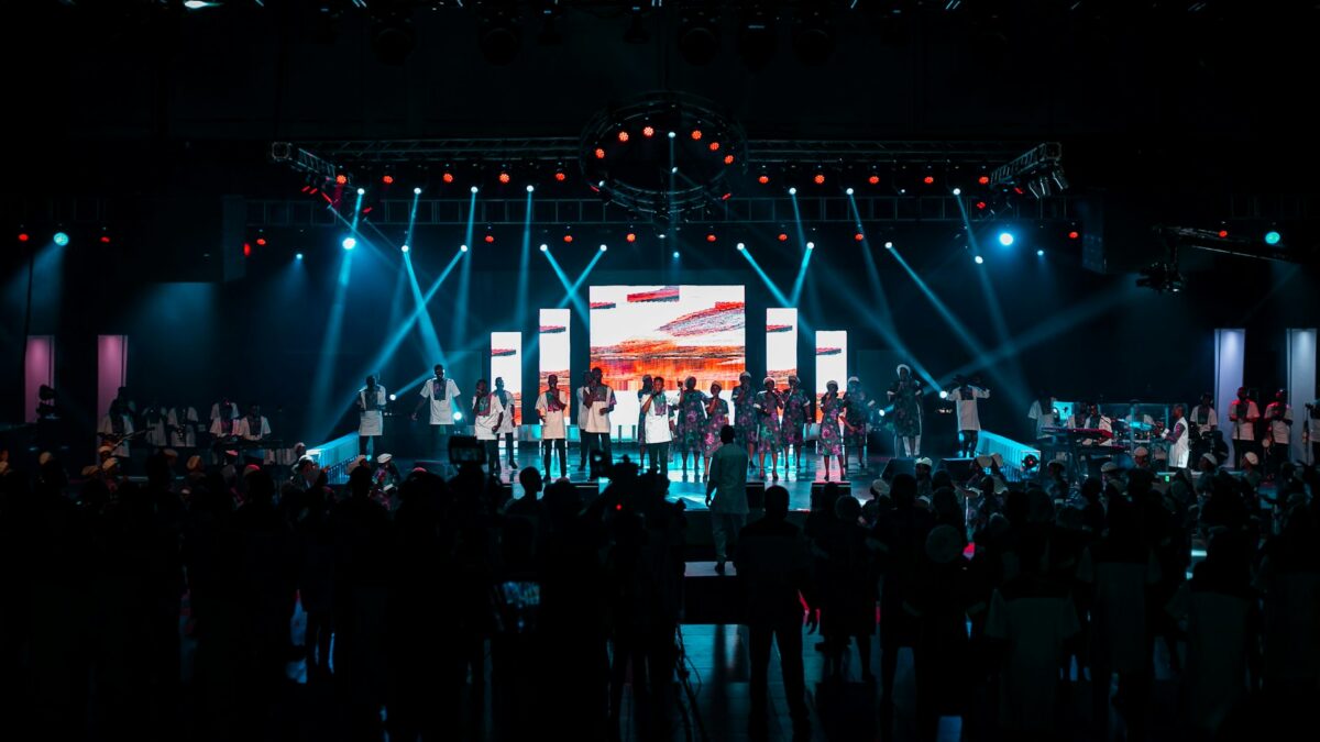 Worship stage lit with stage lighting during an evening service